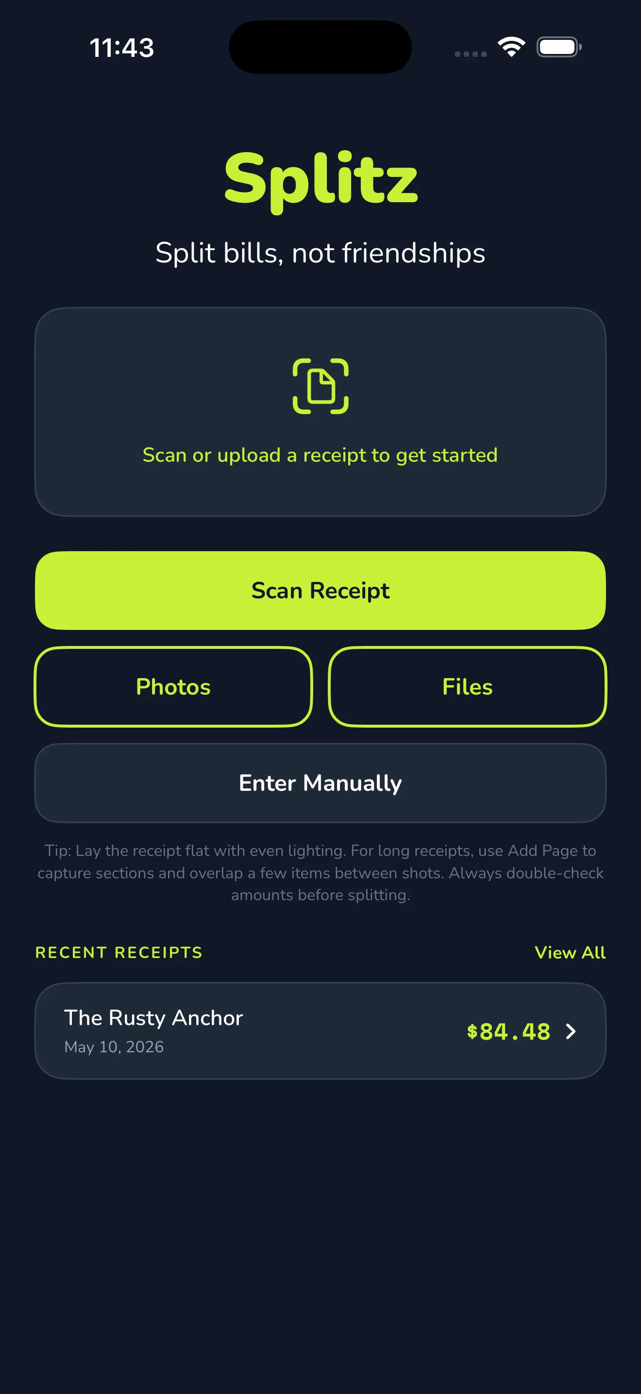 Splitz home screen